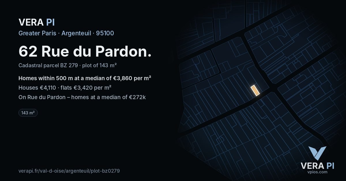62 Rue du Pardon, Argenteuil at night – the plot lit, the parcels around coloured by the prices near them