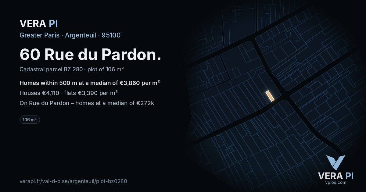 60 Rue du Pardon, Argenteuil at night – the plot lit, the parcels around coloured by the prices near them