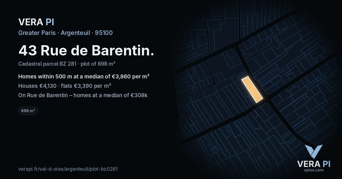 43 Rue de Barentin, Argenteuil at night – the plot lit, the parcels around coloured by the prices near them