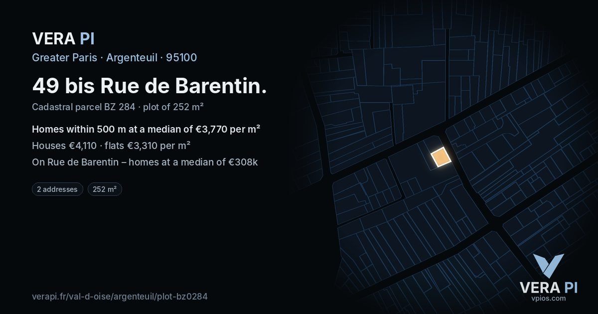 49 bis Rue de Barentin, Argenteuil at night – the plot lit, the parcels around coloured by the prices near them