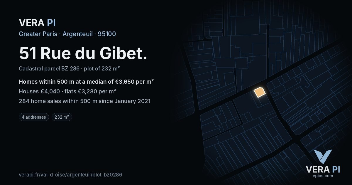 51 Rue du Gibet, Argenteuil at night – the plot lit, the parcels around coloured by the prices near them