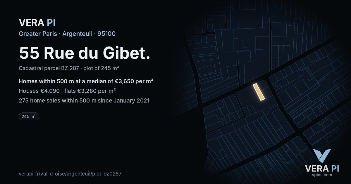 55 Rue du Gibet, Argenteuil at night – the plot lit, the parcels around coloured by the prices near them