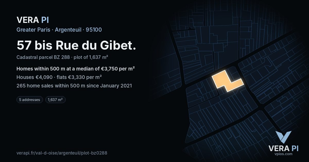 57 bis Rue du Gibet, Argenteuil at night – the plot lit, the parcels around coloured by the prices near them
