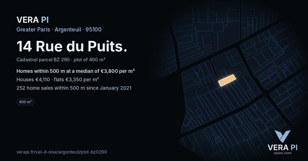 14 Rue du Puits, Argenteuil at night – the plot lit, the parcels around coloured by the prices near them
