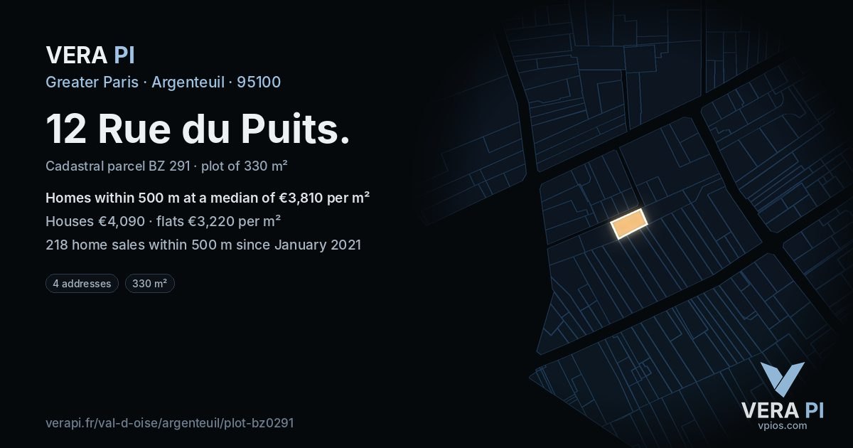 12 Rue du Puits, Argenteuil at night – the plot lit, the parcels around coloured by the prices near them