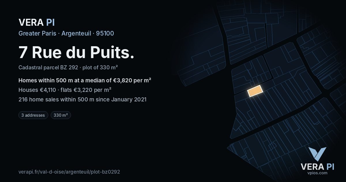 7 Rue du Puits, Argenteuil at night – the plot lit, the parcels around coloured by the prices near them