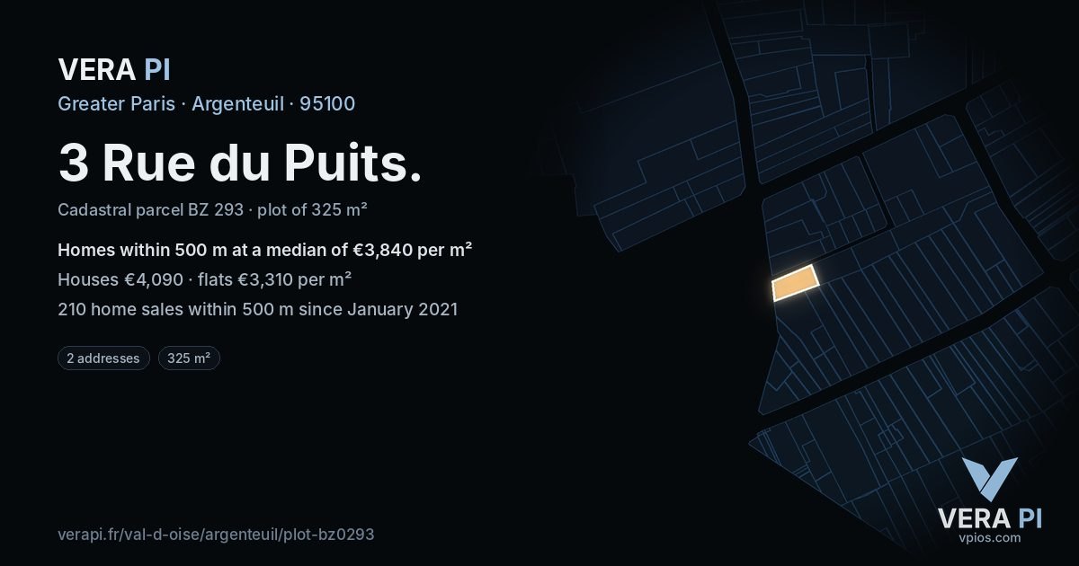 3 Rue du Puits, Argenteuil at night – the plot lit, the parcels around coloured by the prices near them