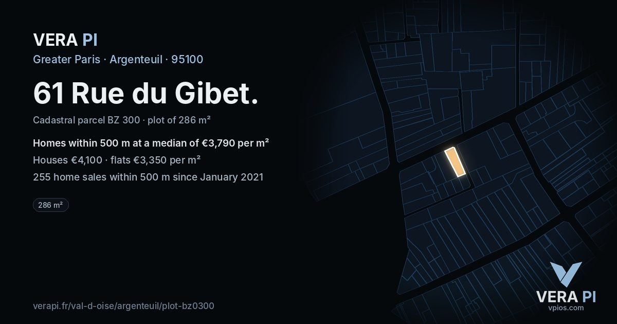 61 Rue du Gibet, Argenteuil at night – the plot lit, the parcels around coloured by the prices near them