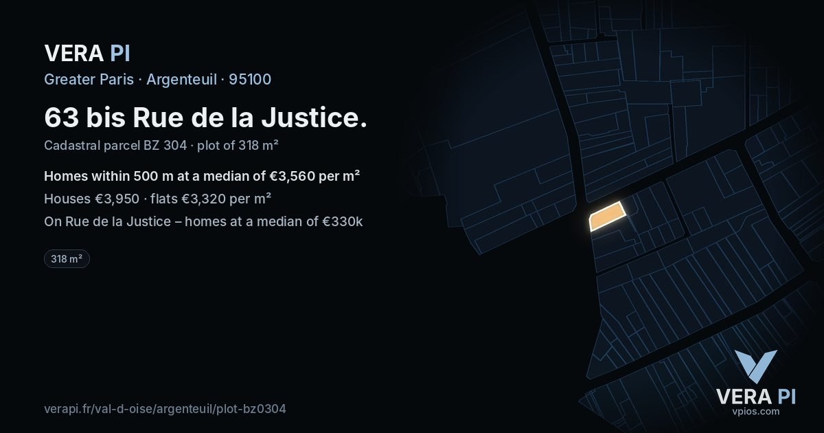 63 bis Rue de la Justice, Argenteuil at night – the plot lit, the parcels around coloured by the prices near them
