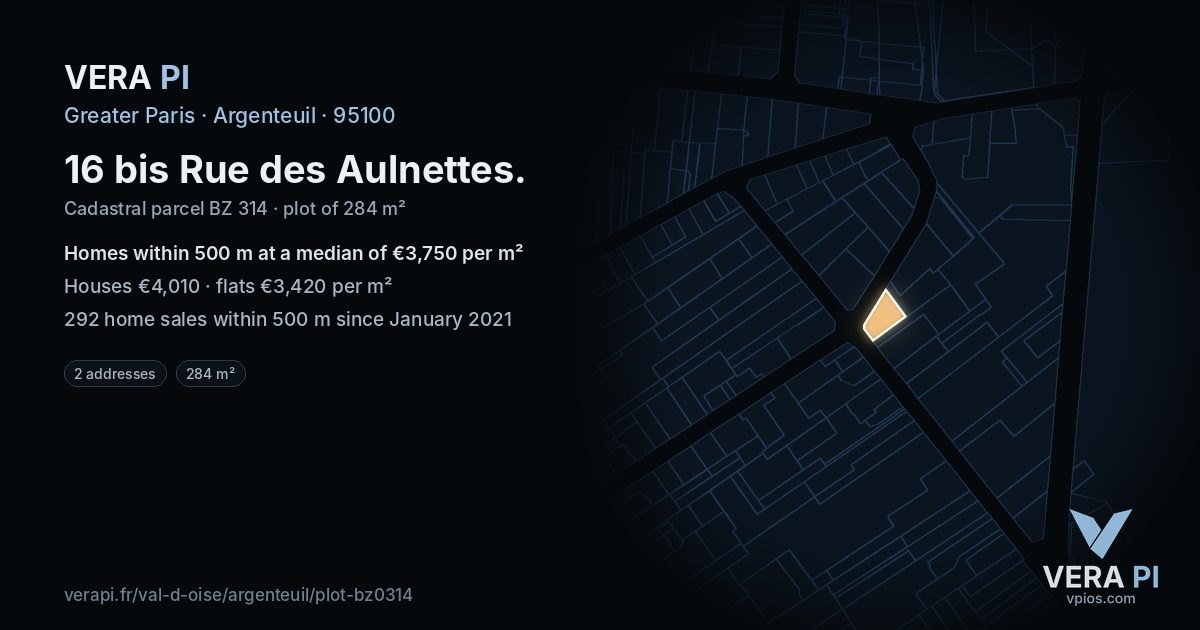 16 bis Rue des Aulnettes, Argenteuil at night – the plot lit, the parcels around coloured by the prices near them