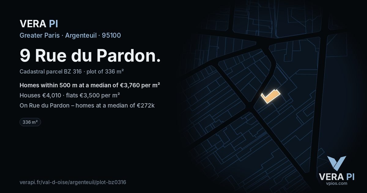 9 Rue du Pardon, Argenteuil at night – the plot lit, the parcels around coloured by the prices near them