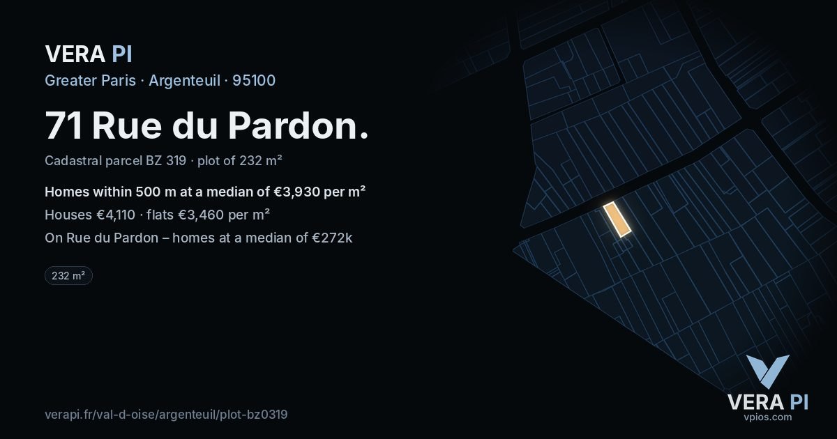 71 Rue du Pardon, Argenteuil at night – the plot lit, the parcels around coloured by the prices near them