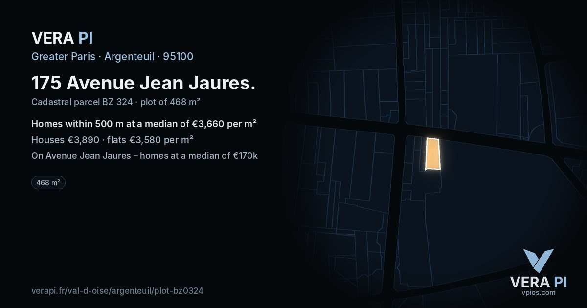 175 Avenue Jean Jaures, Argenteuil at night – the plot lit, the parcels around coloured by the prices near them