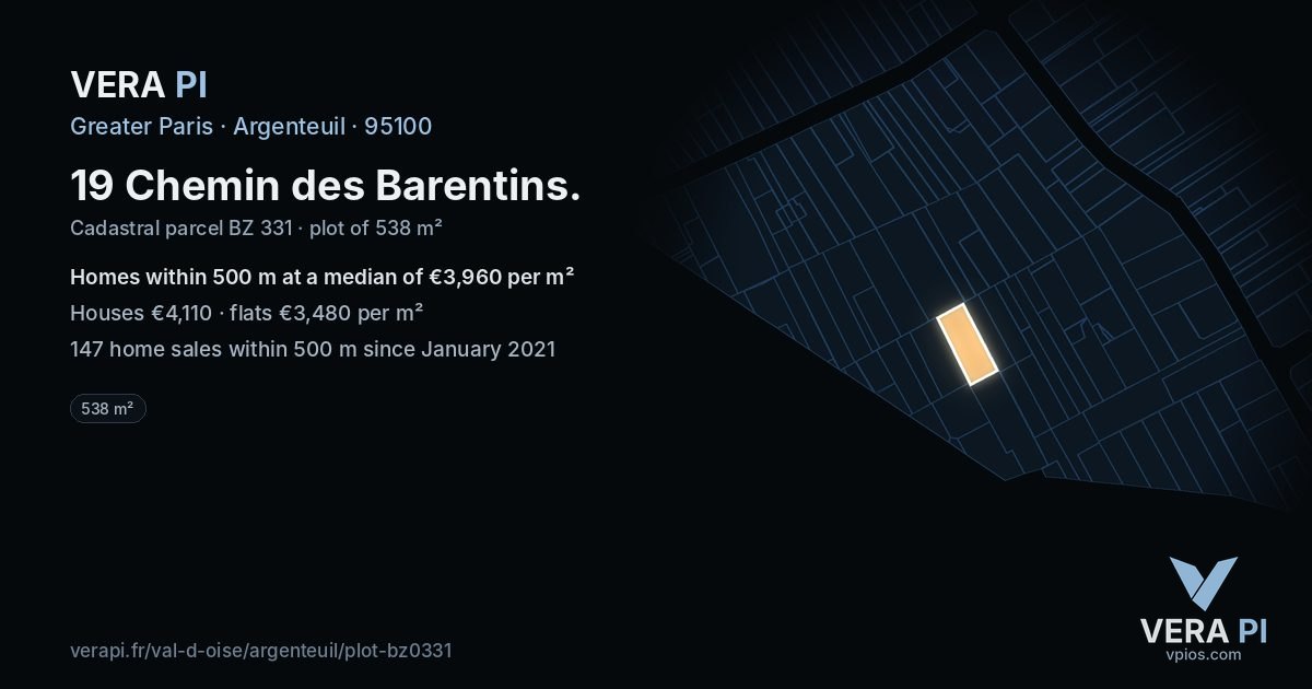19 Chemin des Barentins, Argenteuil at night – the plot lit, the parcels around coloured by the prices near them
