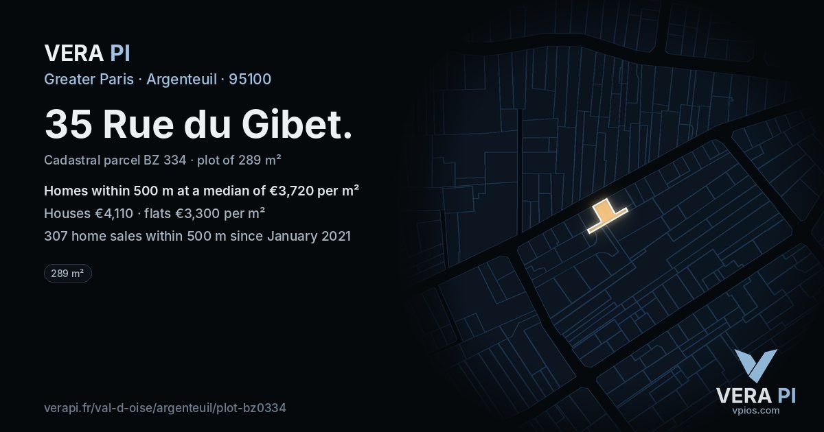 35 Rue du Gibet, Argenteuil at night – the plot lit, the parcels around coloured by the prices near them