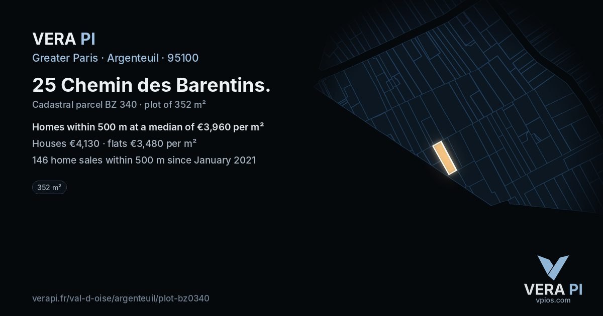 25 Chemin des Barentins, Argenteuil at night – the plot lit, the parcels around coloured by the prices near them