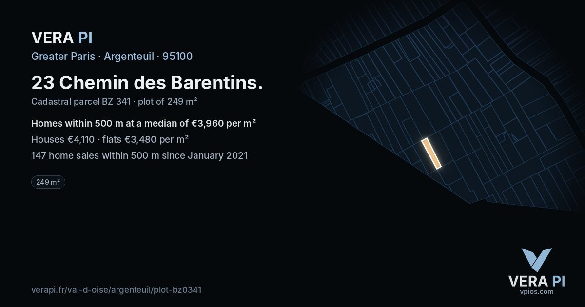 23 Chemin des Barentins, Argenteuil at night – the plot lit, the parcels around coloured by the prices near them