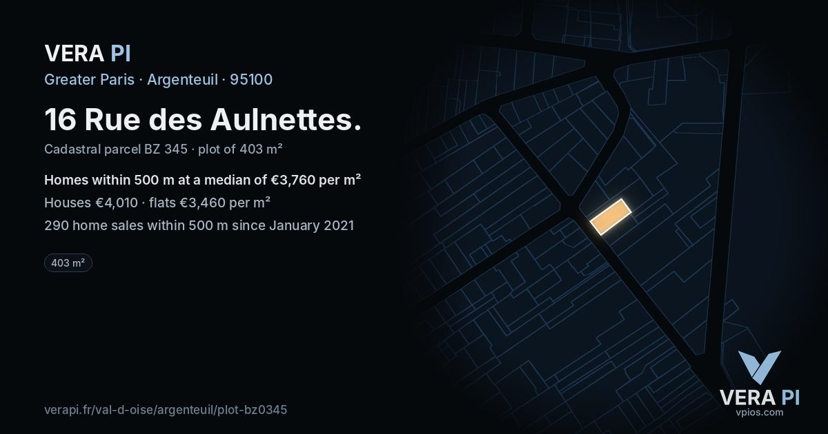 16 Rue des Aulnettes, Argenteuil at night – the plot lit, the parcels around coloured by the prices near them