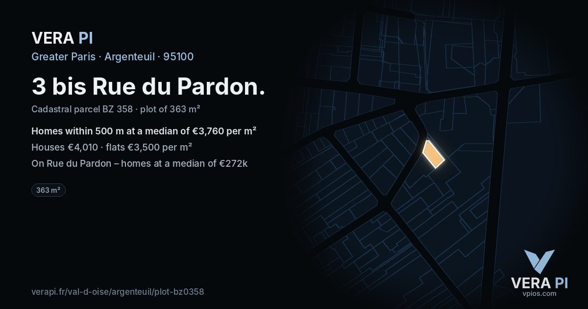 3 bis Rue du Pardon, Argenteuil at night – the plot lit, the parcels around coloured by the prices near them