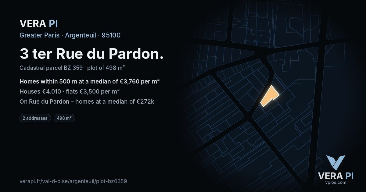 3 ter Rue du Pardon, Argenteuil at night – the plot lit, the parcels around coloured by the prices near them