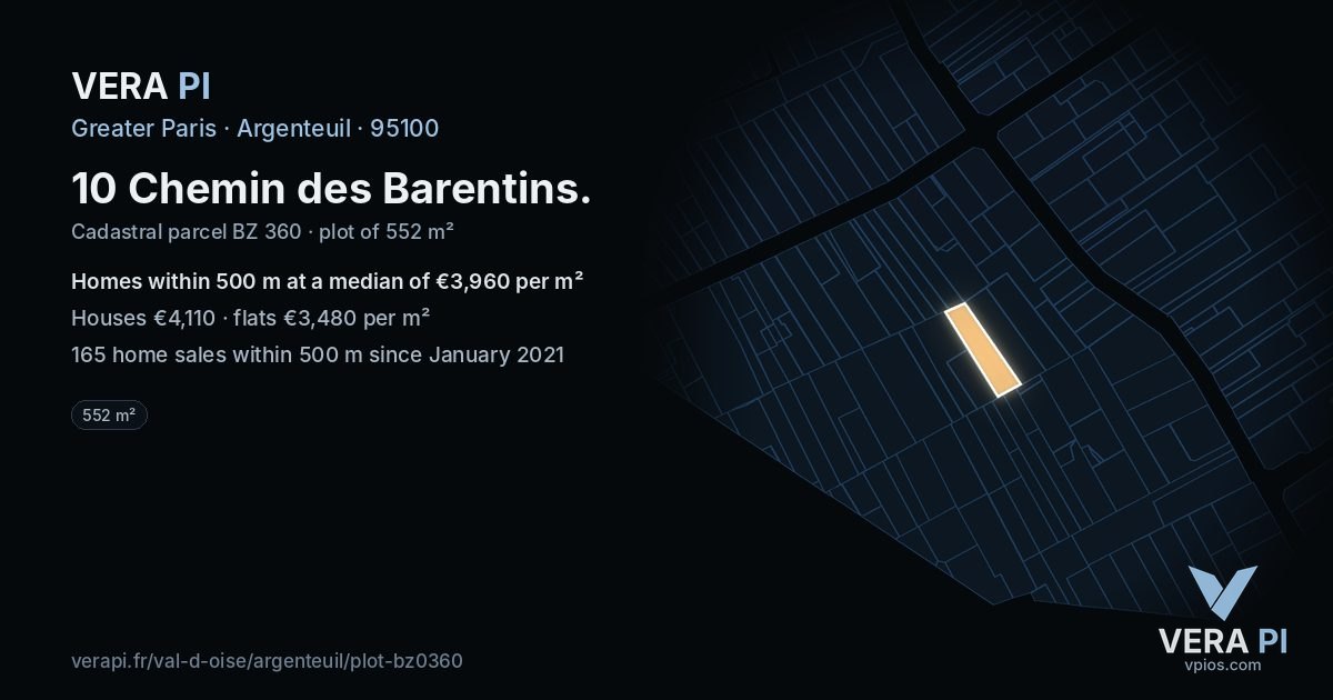 10 Chemin des Barentins, Argenteuil at night – the plot lit, the parcels around coloured by the prices near them