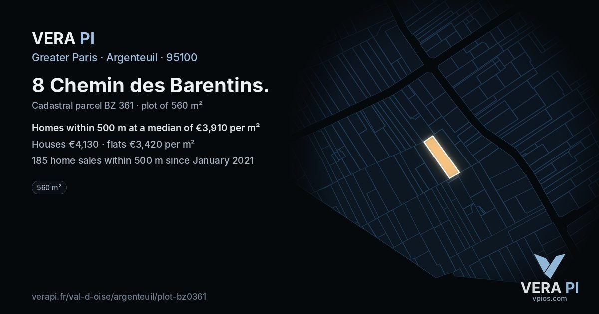 8 Chemin des Barentins, Argenteuil at night – the plot lit, the parcels around coloured by the prices near them