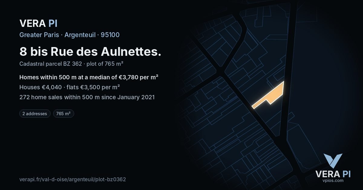8 bis Rue des Aulnettes, Argenteuil at night – the plot lit, the parcels around coloured by the prices near them