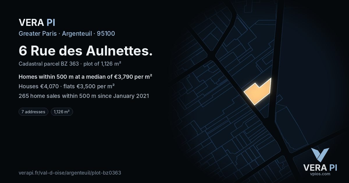 6 Rue des Aulnettes, Argenteuil at night – the plot lit, the parcels around coloured by the prices near them
