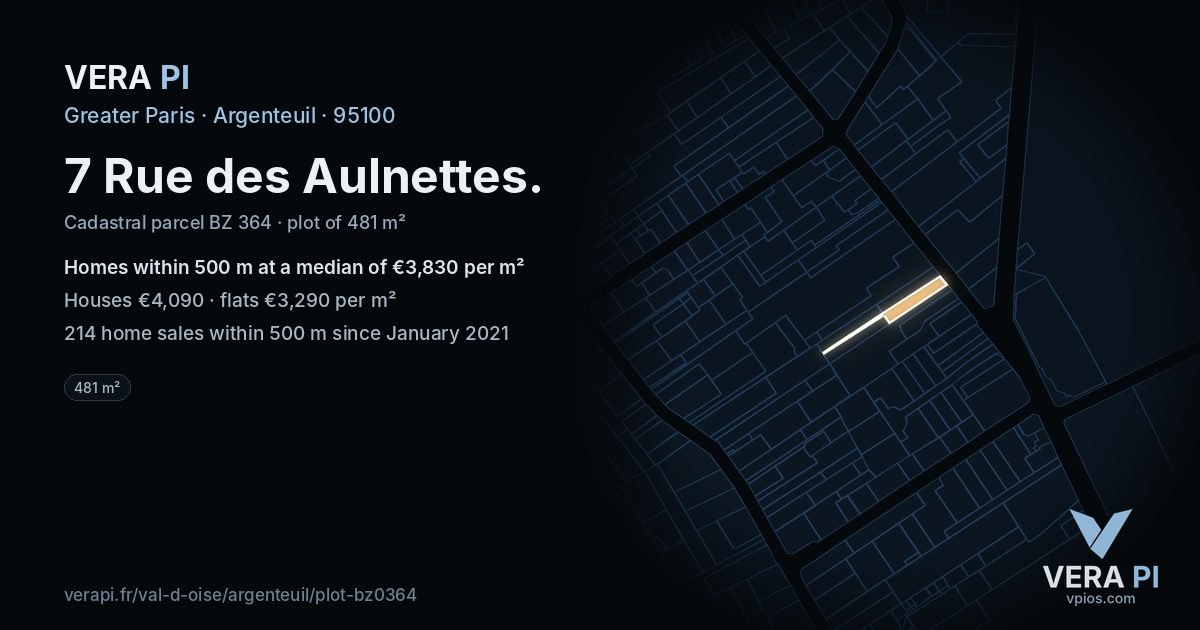 7 Rue des Aulnettes, Argenteuil at night – the plot lit, the parcels around coloured by the prices near them
