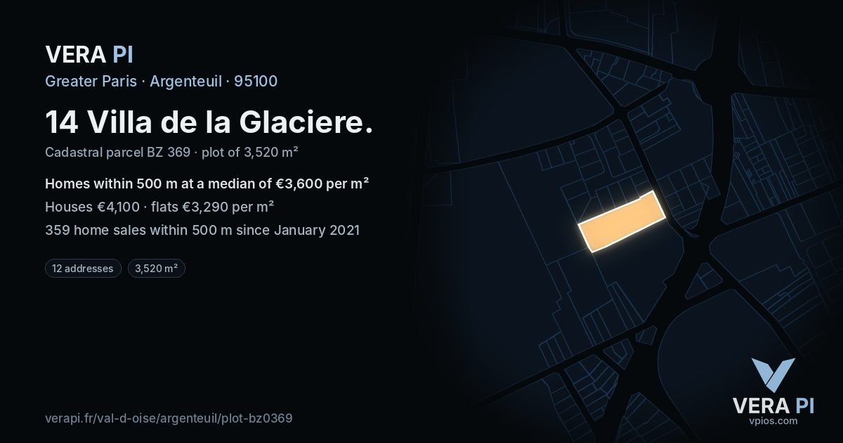 14 Villa de la Glaciere, Argenteuil at night – the plot lit, the parcels around coloured by the prices near them