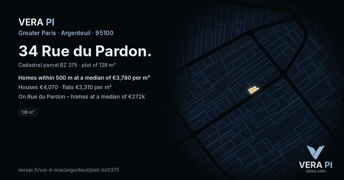 34 Rue du Pardon, Argenteuil at night – the plot lit, the parcels around coloured by the prices near them