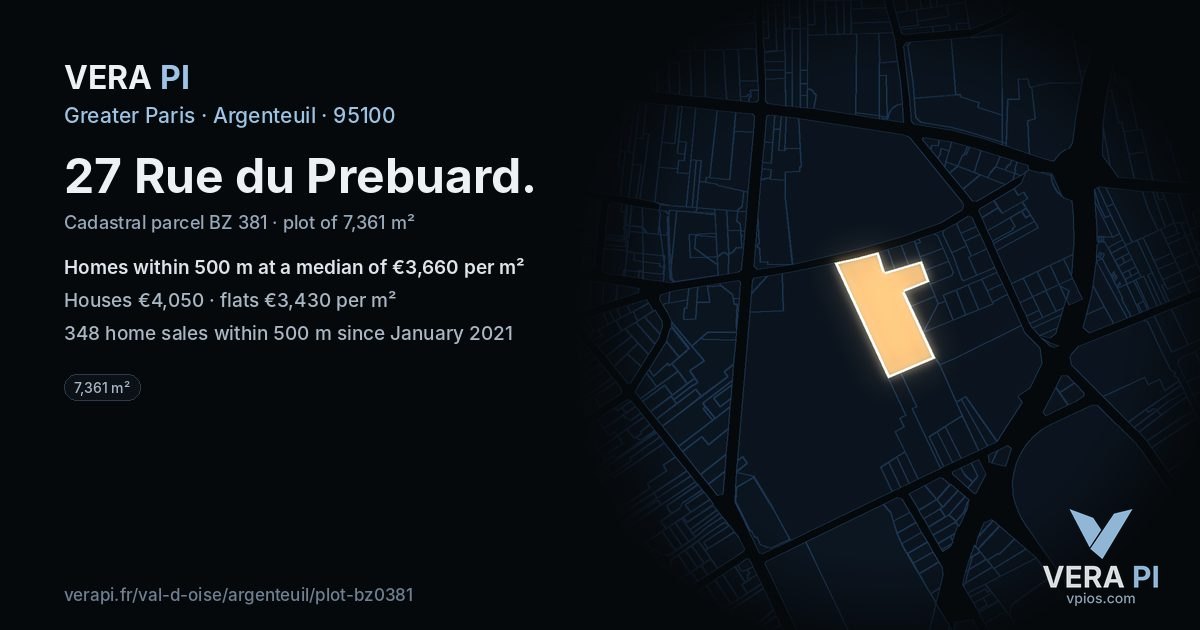 27 Rue du Prebuard, Argenteuil at night – the plot lit, the parcels around coloured by the prices near them