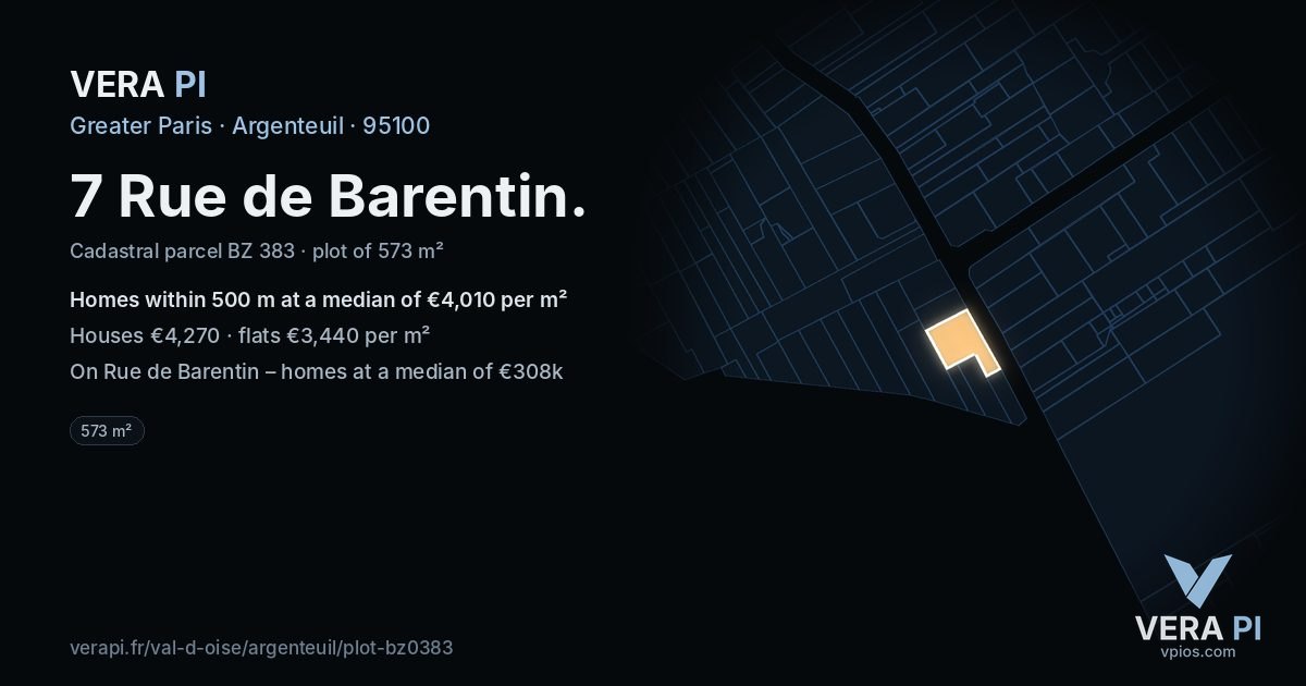 7 Rue de Barentin, Argenteuil at night – the plot lit, the parcels around coloured by the prices near them