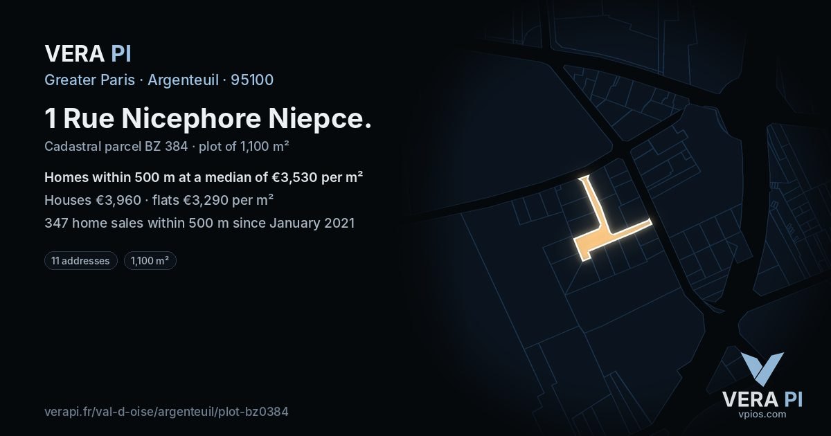 1 Rue Nicephore Niepce, Argenteuil at night – the plot lit, the parcels around coloured by the prices near them