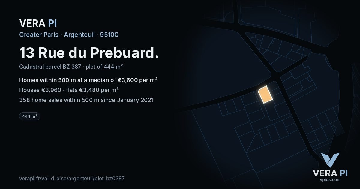 13 Rue du Prebuard, Argenteuil at night – the plot lit, the parcels around coloured by the prices near them