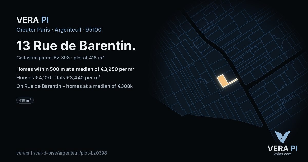 13 Rue de Barentin, Argenteuil at night – the plot lit, the parcels around coloured by the prices near them