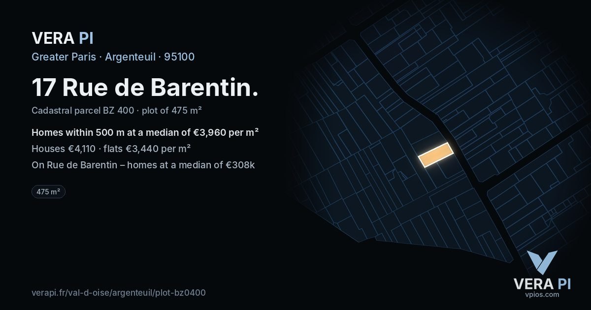 17 Rue de Barentin, Argenteuil at night – the plot lit, the parcels around coloured by the prices near them