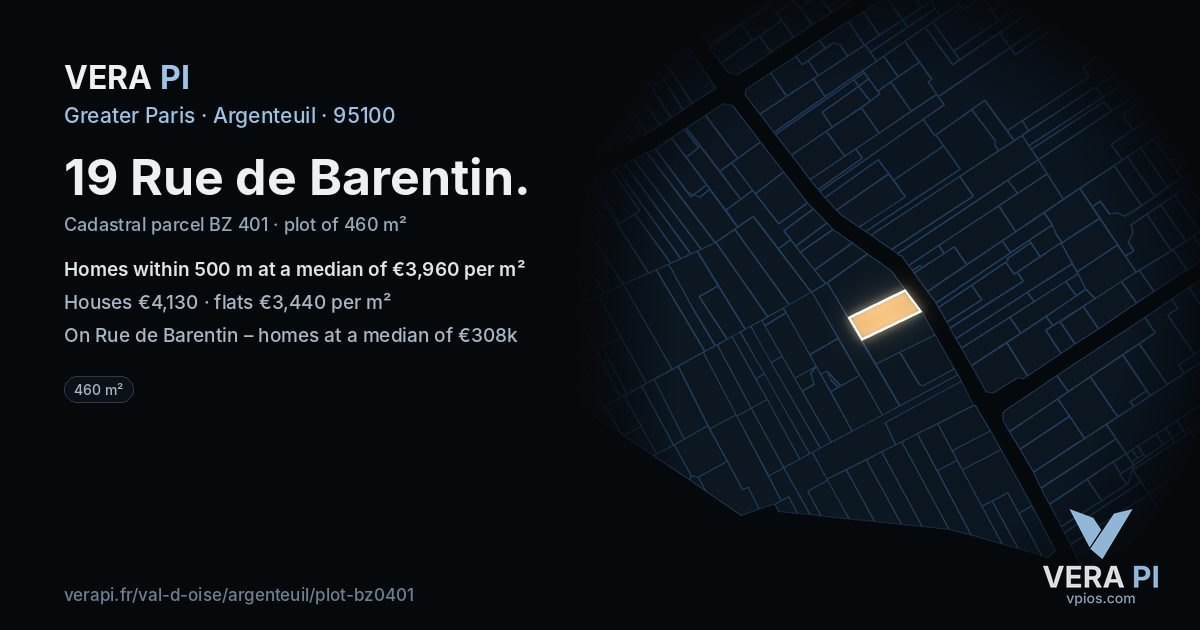 19 Rue de Barentin, Argenteuil at night – the plot lit, the parcels around coloured by the prices near them