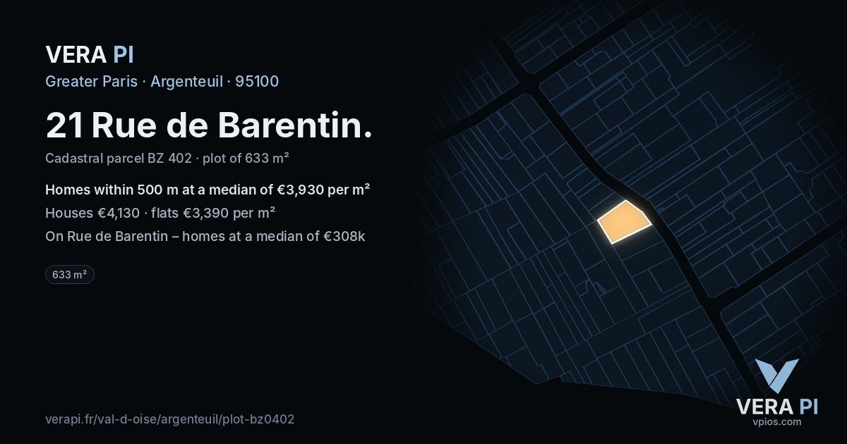 21 Rue de Barentin, Argenteuil at night – the plot lit, the parcels around coloured by the prices near them