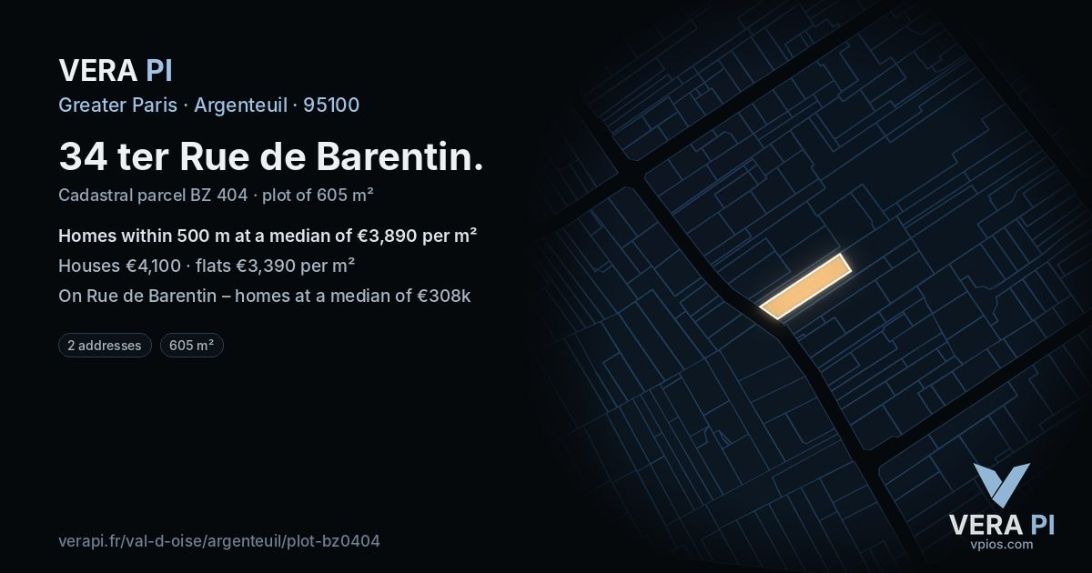34 ter Rue de Barentin, Argenteuil at night – the plot lit, the parcels around coloured by the prices near them