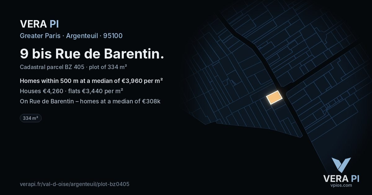 9 bis Rue de Barentin, Argenteuil at night – the plot lit, the parcels around coloured by the prices near them