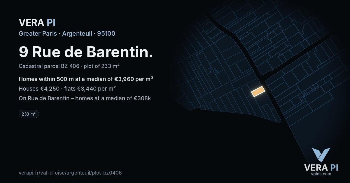 9 Rue de Barentin, Argenteuil at night – the plot lit, the parcels around coloured by the prices near them