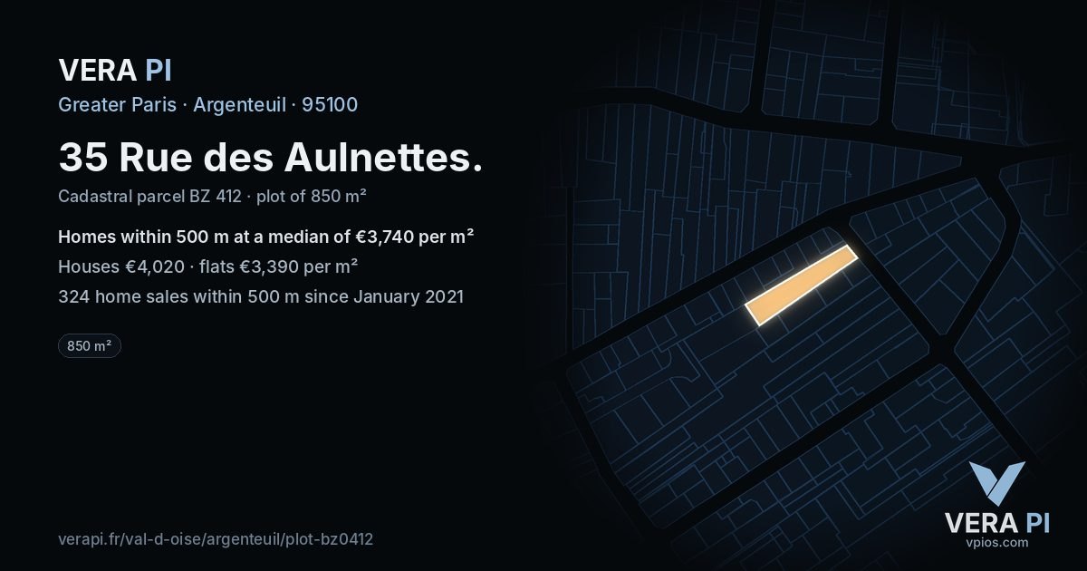 35 Rue des Aulnettes, Argenteuil at night – the plot lit, the parcels around coloured by the prices near them