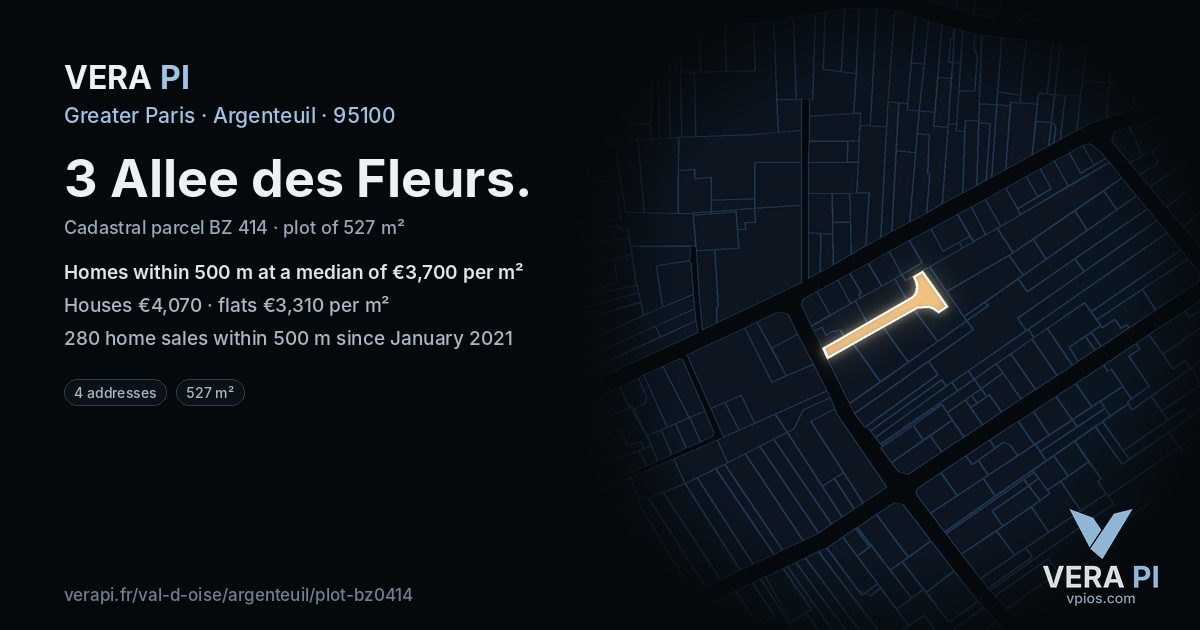 3 Allee des Fleurs, Argenteuil at night – the plot lit, the parcels around coloured by the prices near them