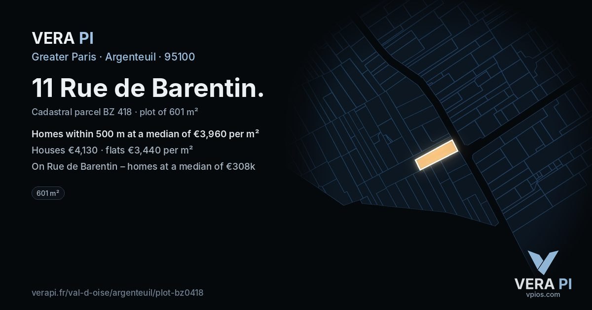 11 Rue de Barentin, Argenteuil at night – the plot lit, the parcels around coloured by the prices near them