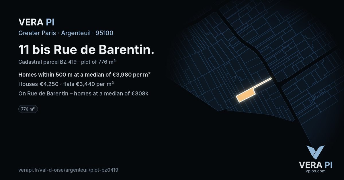 11 bis Rue de Barentin, Argenteuil at night – the plot lit, the parcels around coloured by the prices near them