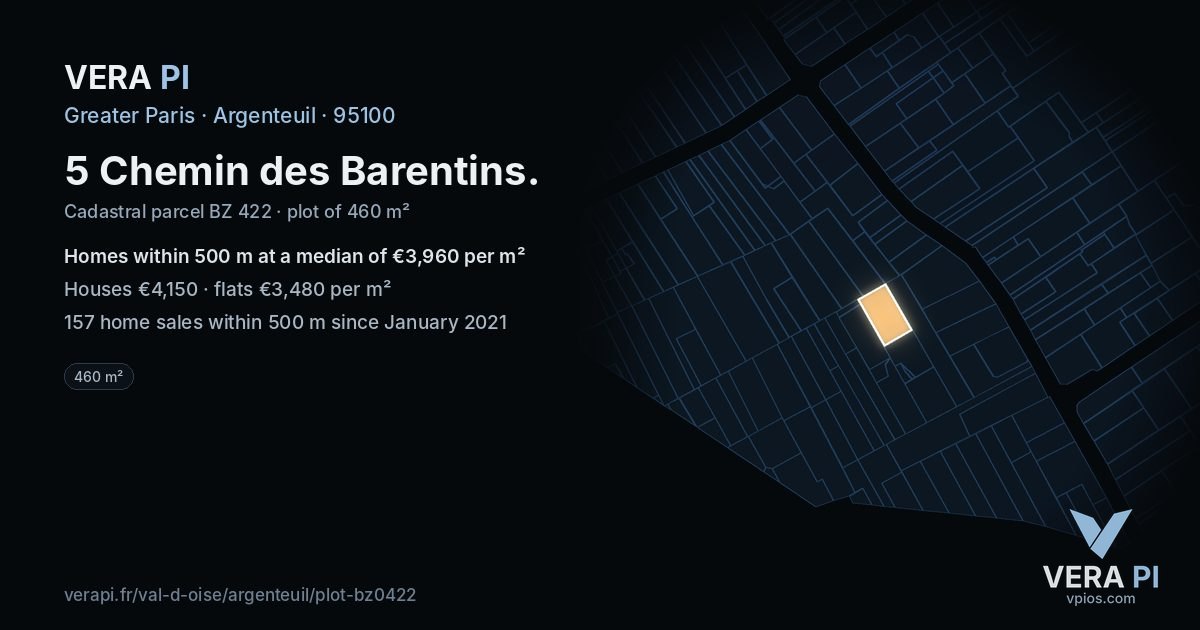 5 Chemin des Barentins, Argenteuil at night – the plot lit, the parcels around coloured by the prices near them