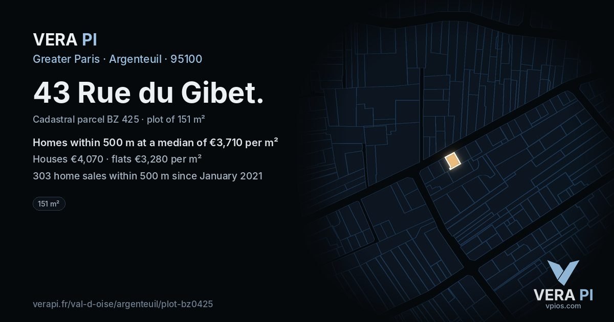 43 Rue du Gibet, Argenteuil at night – the plot lit, the parcels around coloured by the prices near them