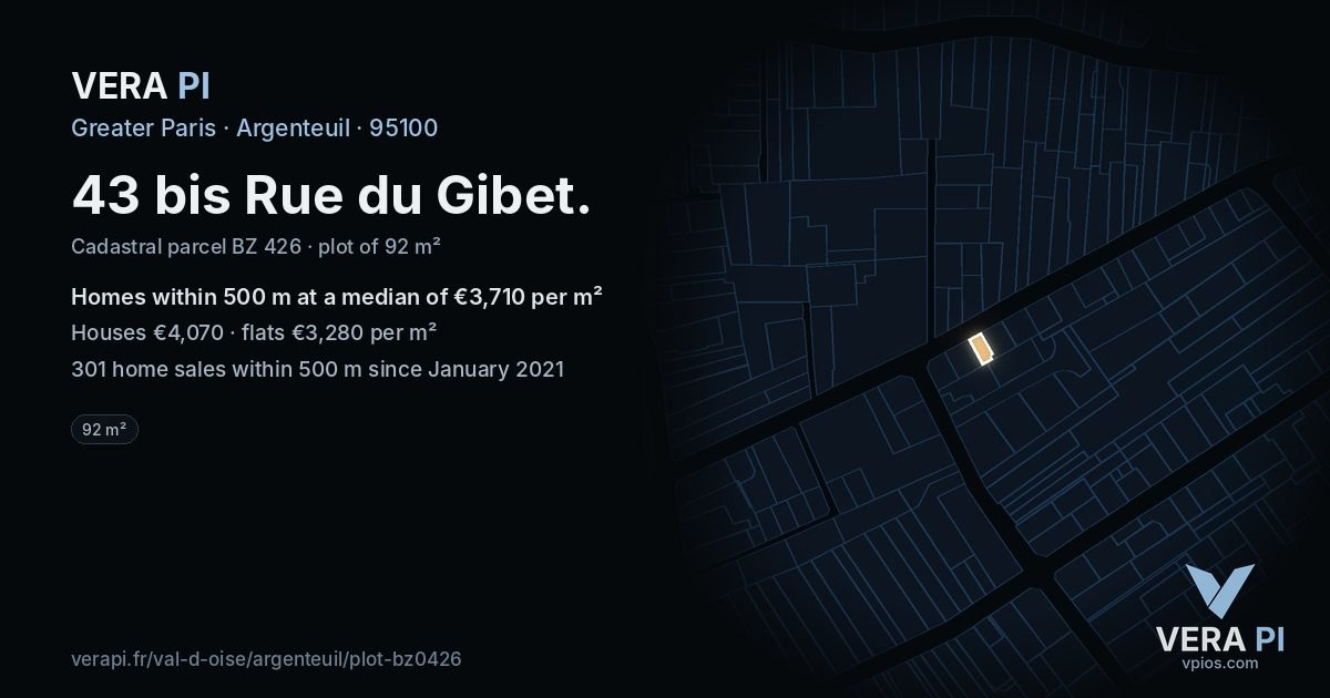 43 bis Rue du Gibet, Argenteuil at night – the plot lit, the parcels around coloured by the prices near them