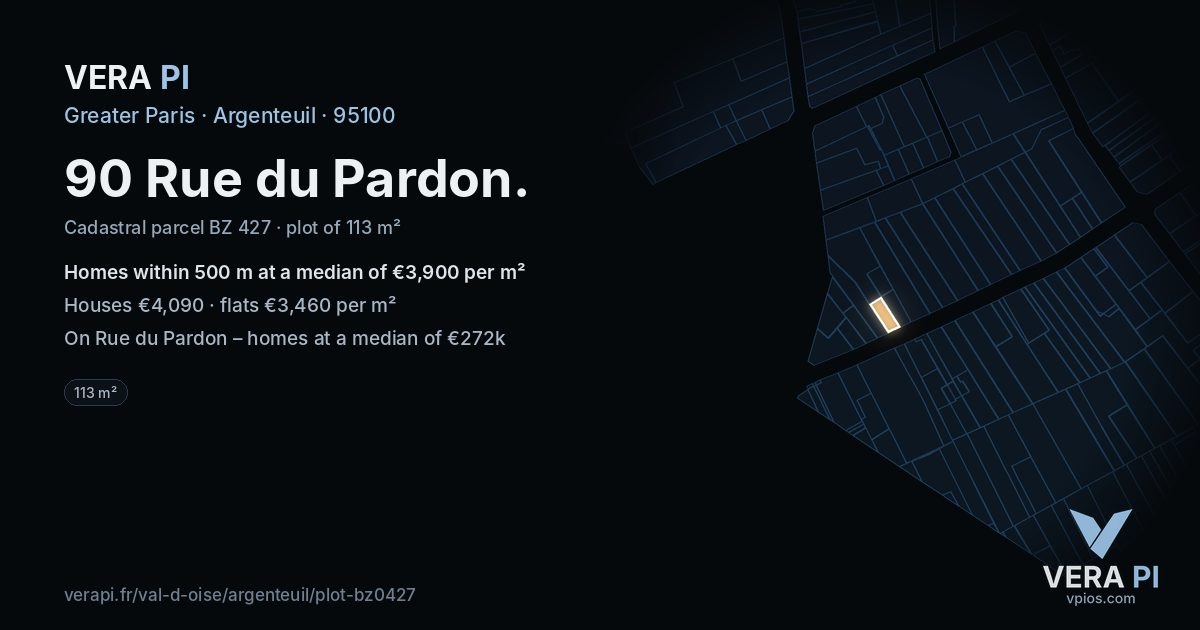 90 Rue du Pardon, Argenteuil at night – the plot lit, the parcels around coloured by the prices near them
